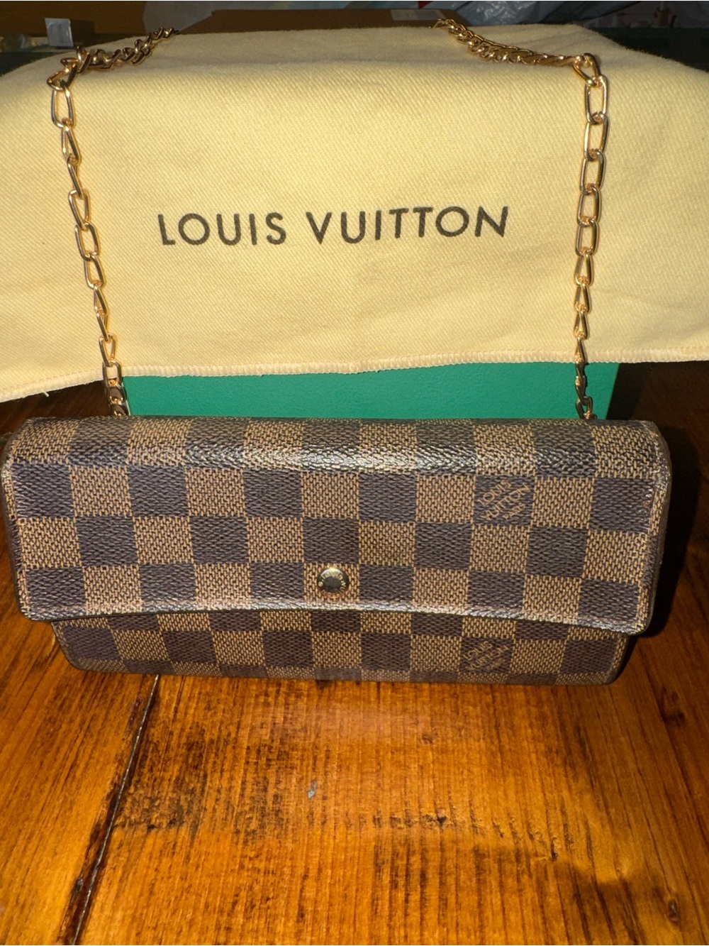 Louis Vuitton Damier Ebene Crossbody Wallet with Gold Chain
